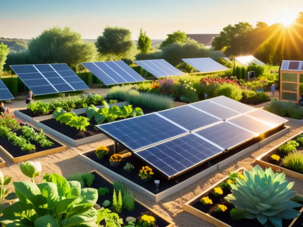 Una imagen vibrante de un jardín comunitario bañado por la luz dorada del sol, con paneles solares integrados en armonía