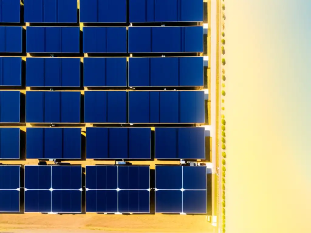 Una imagen vibrante de un proyecto de energía solar comunitaria con paneles solares ordenados, un cielo azul claro y personas colaborando