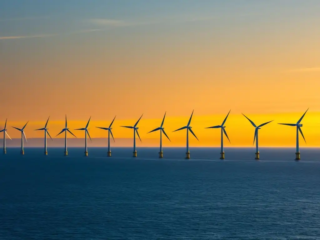 Una impactante vista de un gran parque eólico marino al atardecer, con turbinas modernas captando la luz dorada