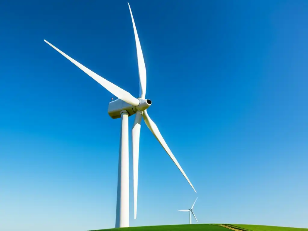 Imponente aerogenerador blanco en movimiento bajo el cielo azul