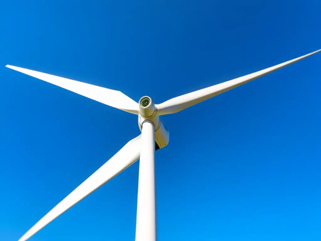 Un imponente aerogenerador captura la energía del viento bajo un cielo azul brillante