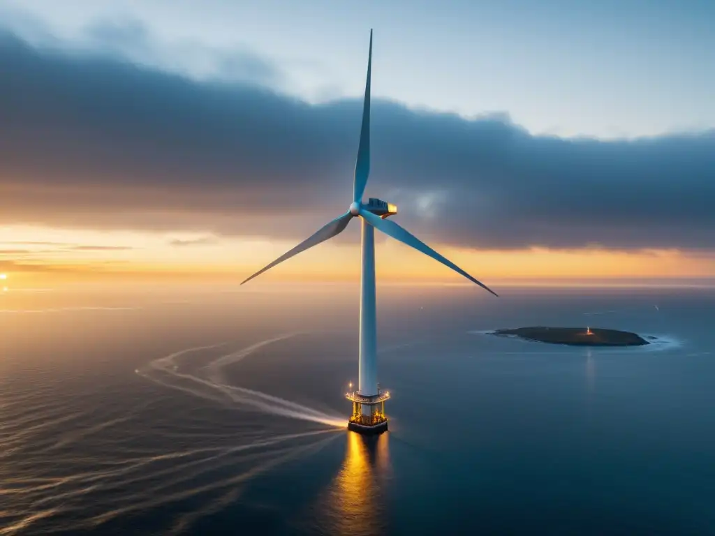 Imponente aerogenerador offshore en el océano brumoso al amanecer, capturando la luz dorada