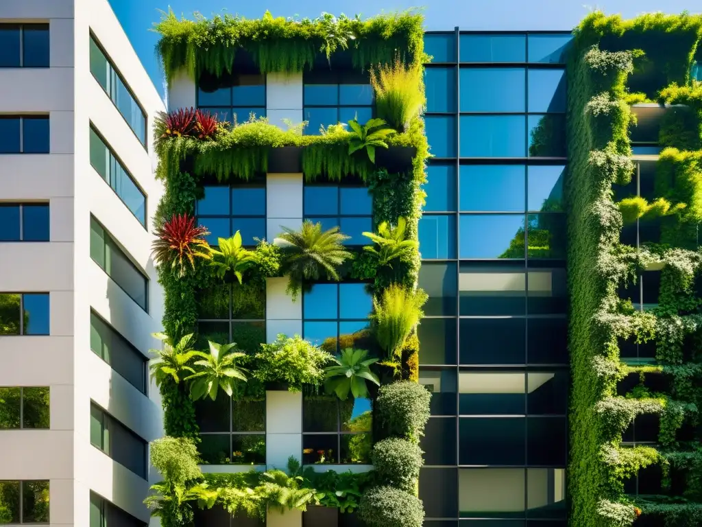 Imponente edificio urbano con jardines verticales, un oasis natural en la ciudad