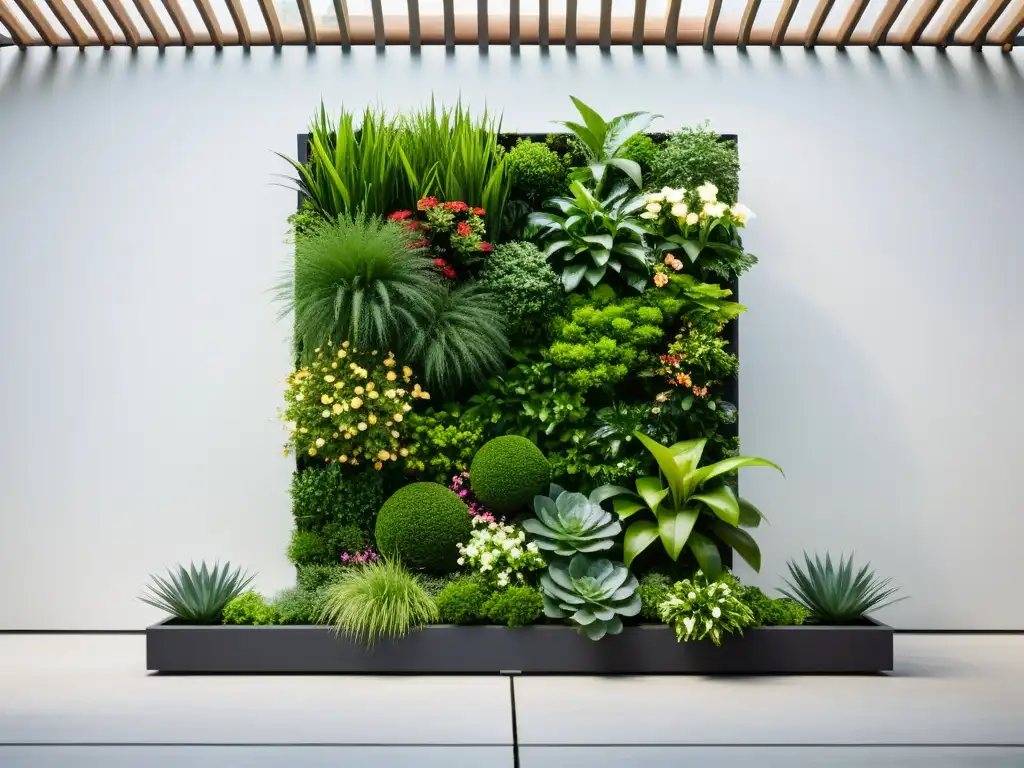 Imponente jardinería vertical hogar sostenible: diseño simétrico con plantas exuberantes y flores coloridas, contrastando con la pared blanca