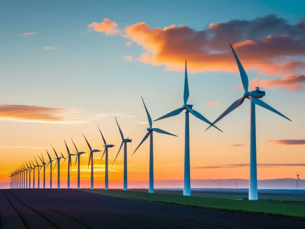 Imponente parque eólico al atardecer, reflejando energía sostenible para reducir huella carbono