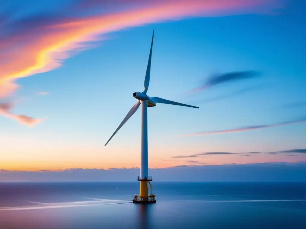 Imponente torre eólica en atardecer vibrante sobre aguas tranquilas