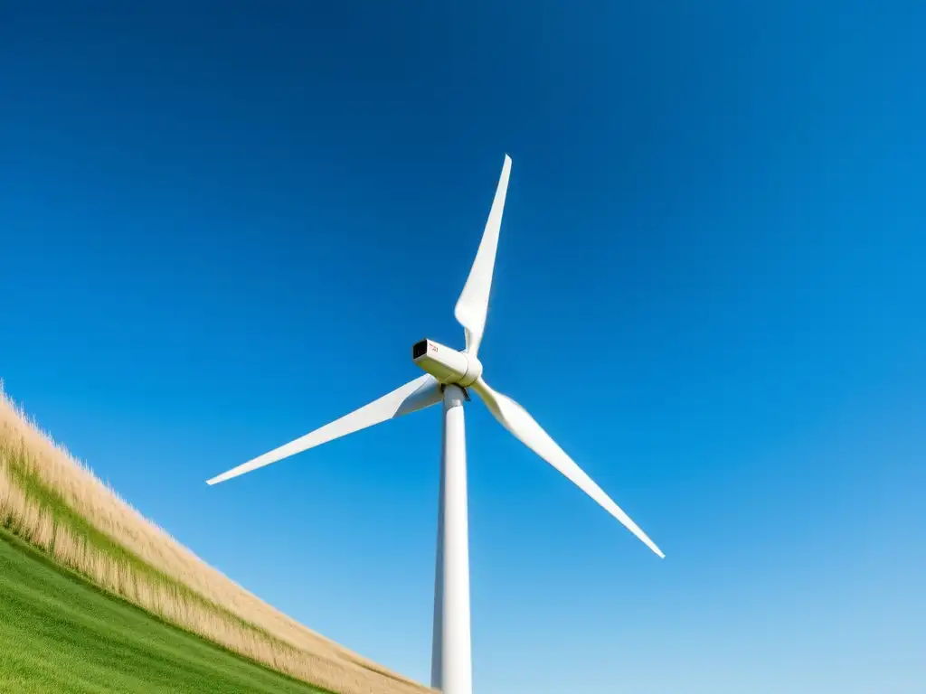 Elegante turbina eólica en paisaje tranquilo Imponente turbina eólica blanca capturando la luz del sol en un paisaje sereno