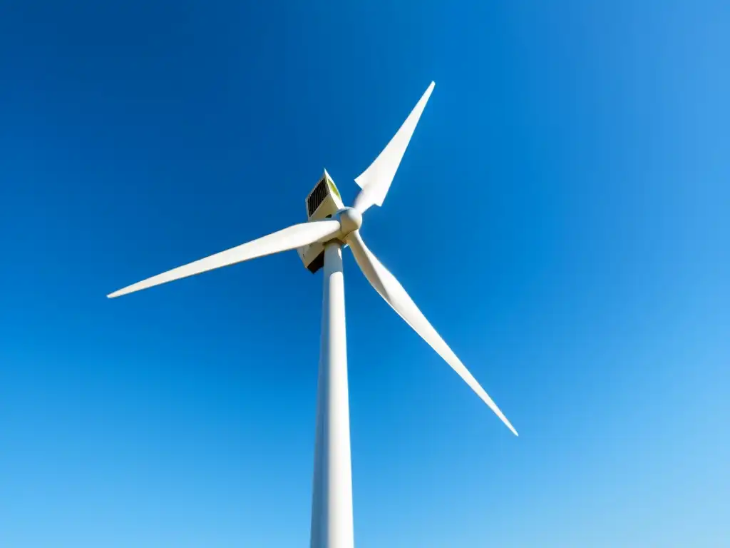 Imponente turbina eólica contra cielo azul, capturando la fuerza del viento