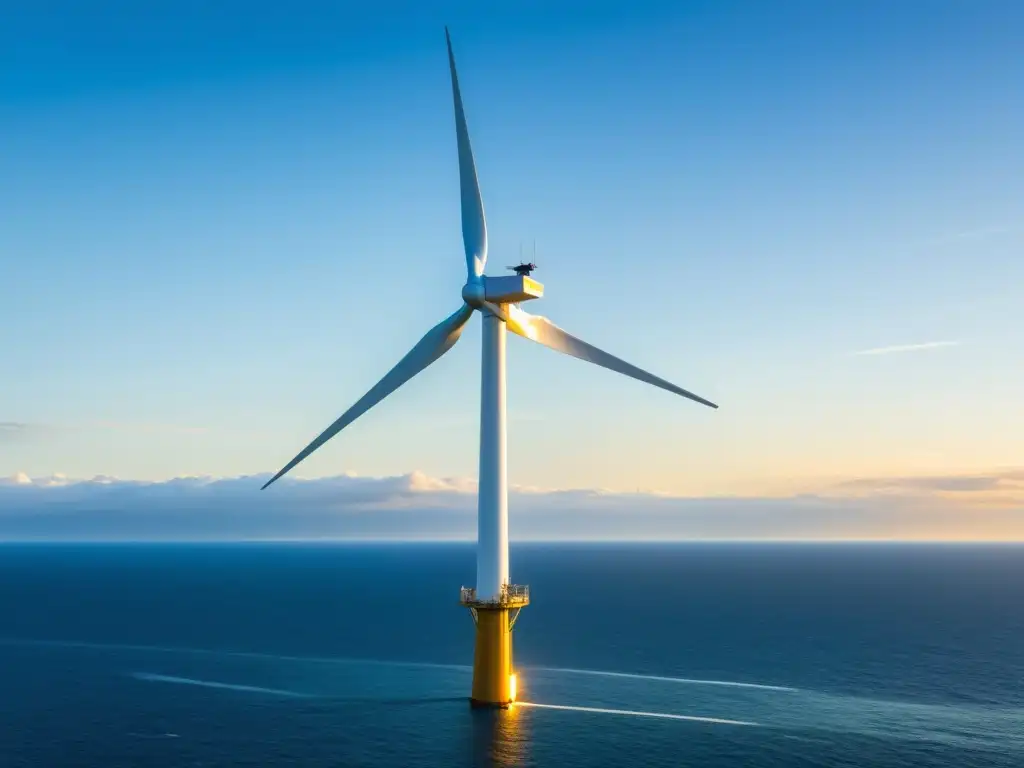 Una imponente turbina eólica offshore en el mar, con la luz del sol reflejándose en el agua