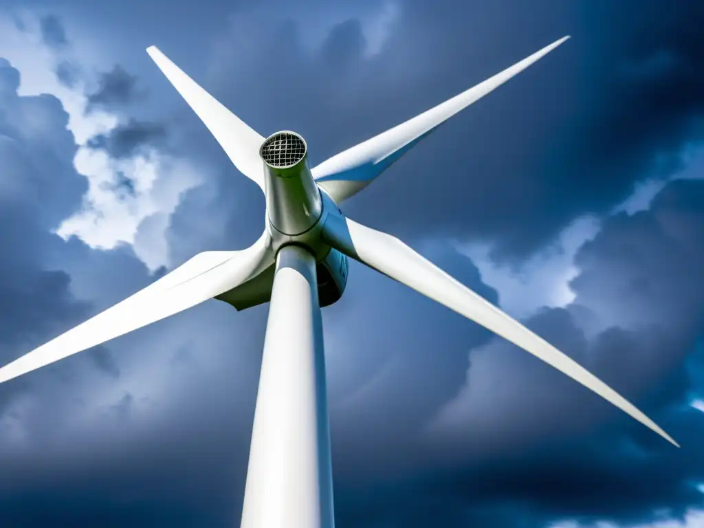 Imponente turbina eólica moderna contrasta con cielo tormentoso y rayos, evocando protección ante la tormenta