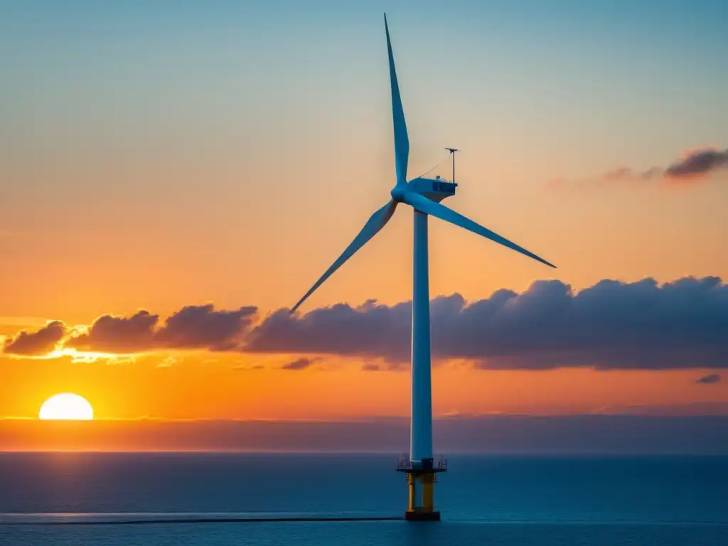 Imponente turbina eólica offshore integrada en el océano al atardecer, representando la belleza de la energía eólica en la red eléctrica