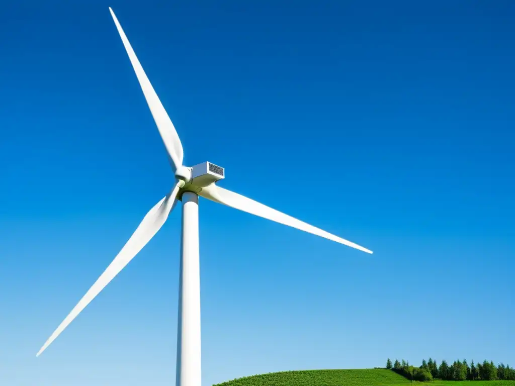 Una imponente turbina eólica residencial destaca en un cielo azul claro, rodeada de una casa ecológica y exuberante vegetación