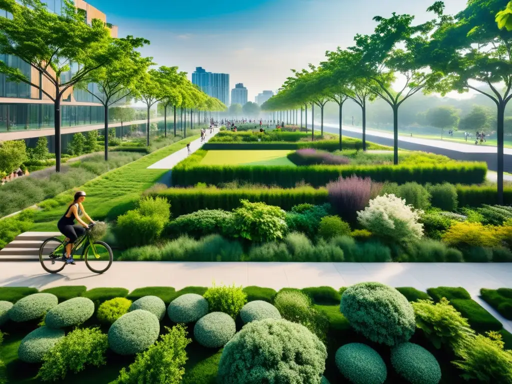 Importancia de parques urbanos sostenibles: Imagen ultrarresolución de un parque moderno y minimalista, con naturaleza exuberante y diseño innovador