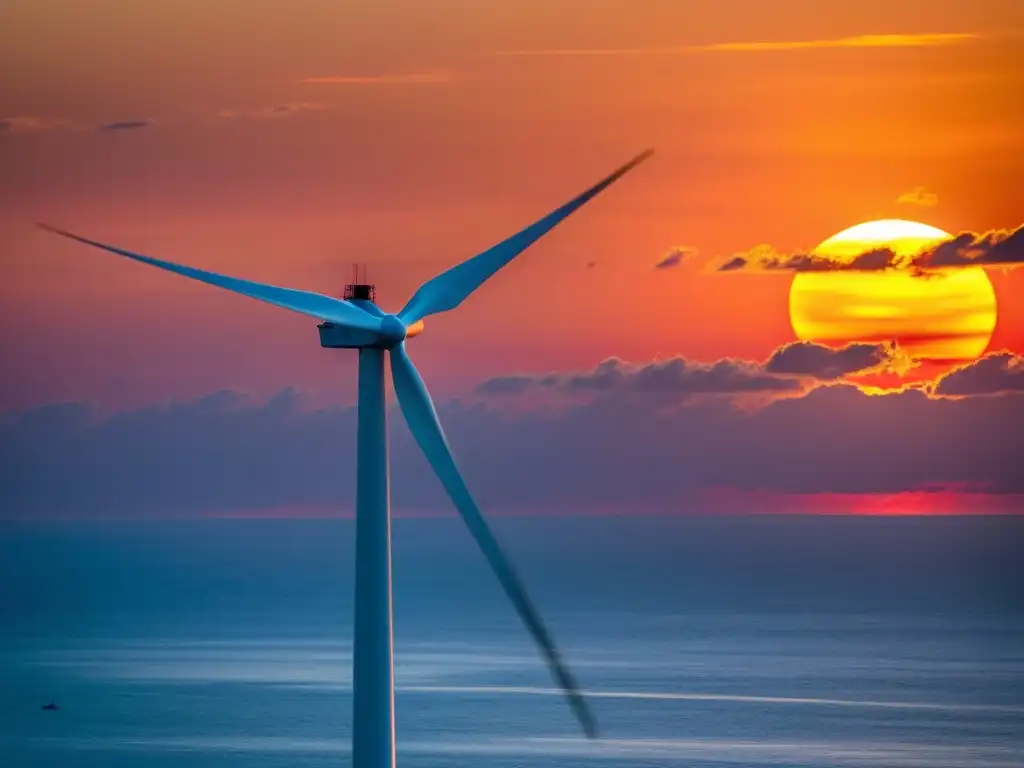 Un impresionante aerogenerador marino en movimiento con un atardecer vibrante de fondo y un océano tranquilo