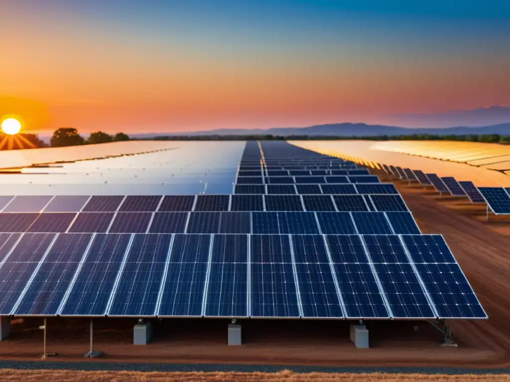 Un impresionante array de paneles solares con un atardecer vibrante de fondo, iluminados por el cálido sol