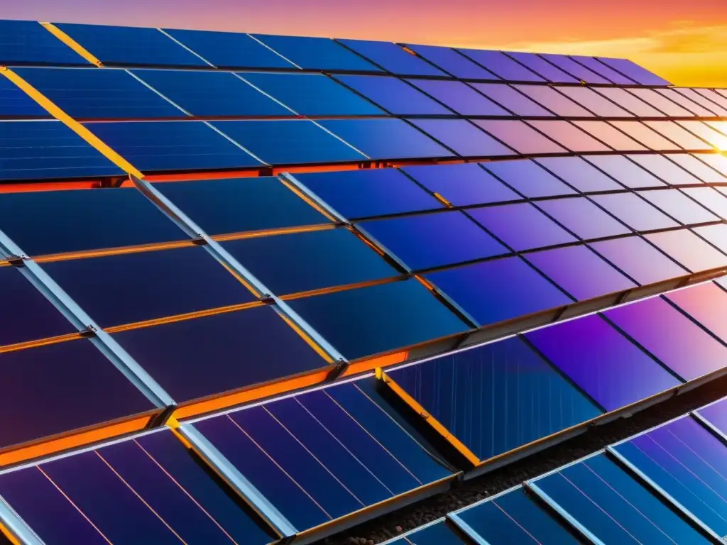 Un impresionante atardecer en el que resaltan paneles solares modernos y eficientes