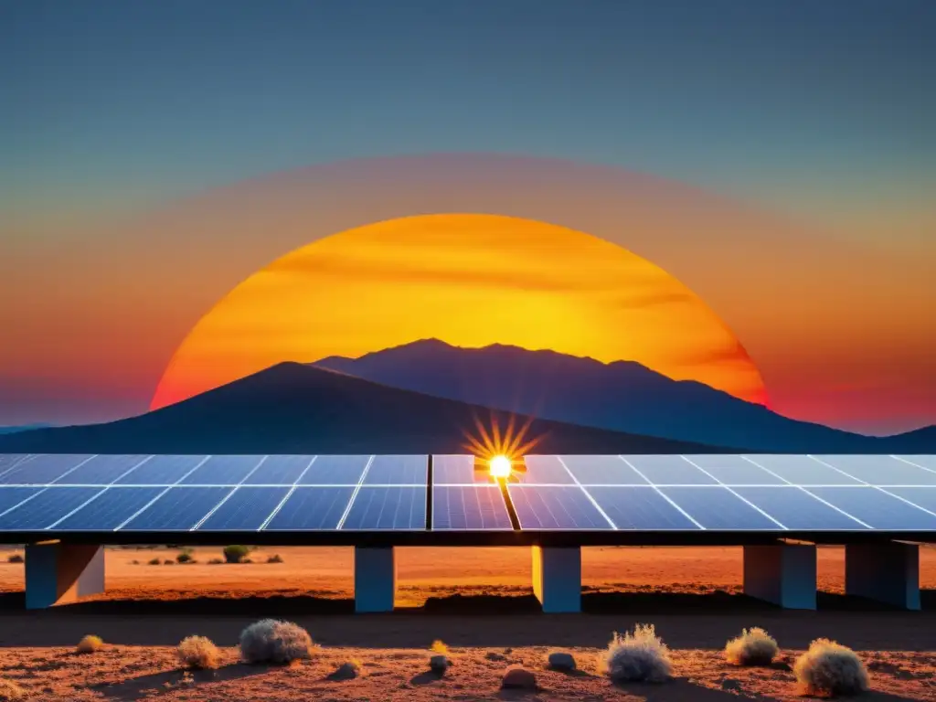 Un impresionante atardecer reflejado en paneles solares, impacto cambios políticos en subsidios energía solar