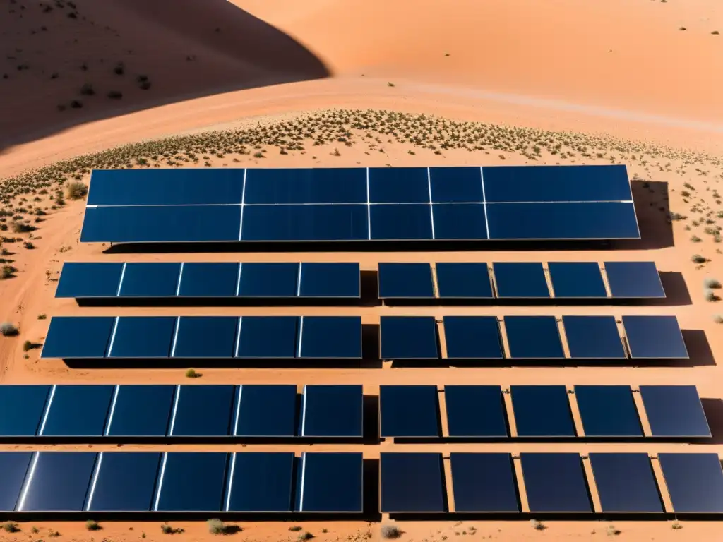 Un impresionante campo de paneles solares en el desierto, con la luz del sol creando sombras y patrones