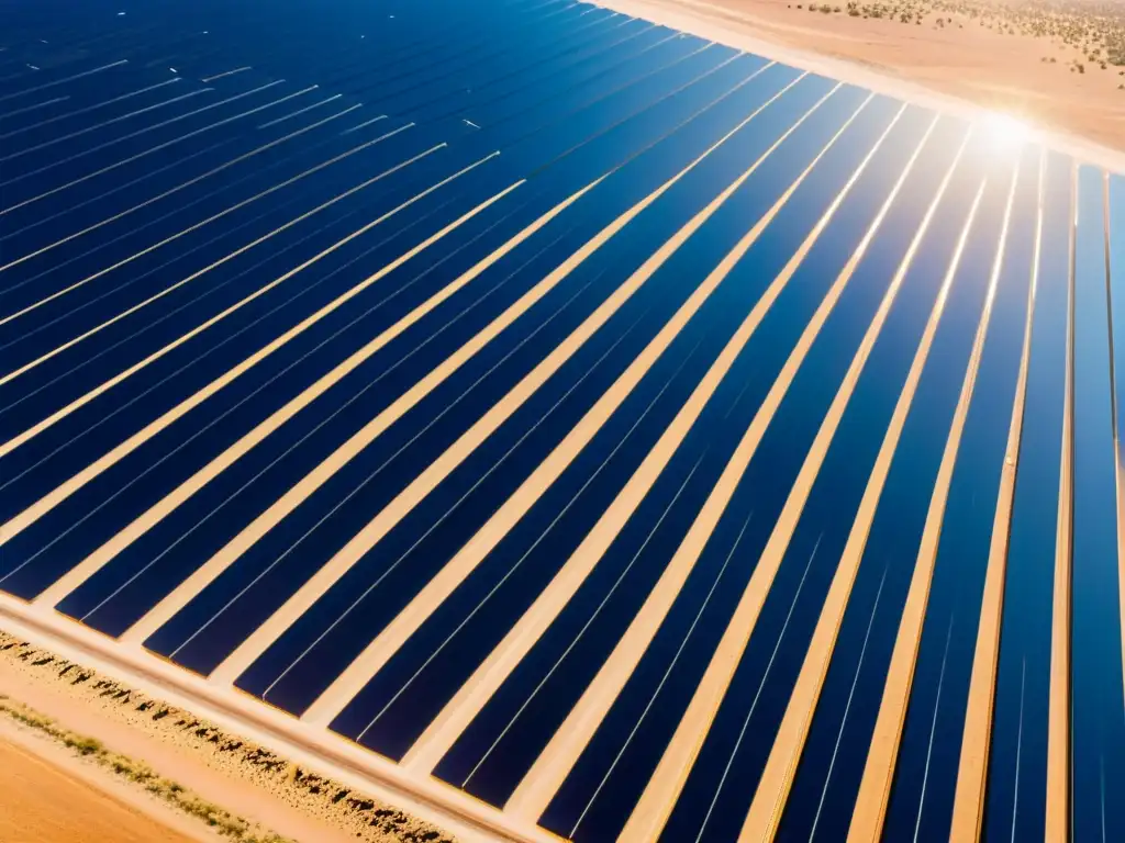 Un impresionante campo solar en el desierto, con paneles relucientes formando un patrón geométrico