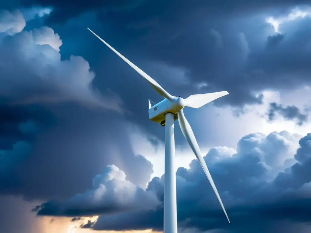 Un impresionante contraste entre una turbina eólica moderna y el poder de la tormenta, resaltando la necesidad de protección contra rayos