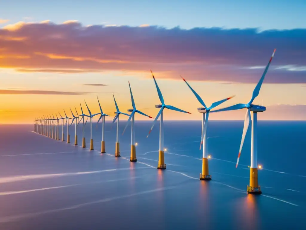 Una impresionante formación de talento en la industria eólica offshore, con modernos aerogeneradores en el mar y un vibrante atardecer dorado