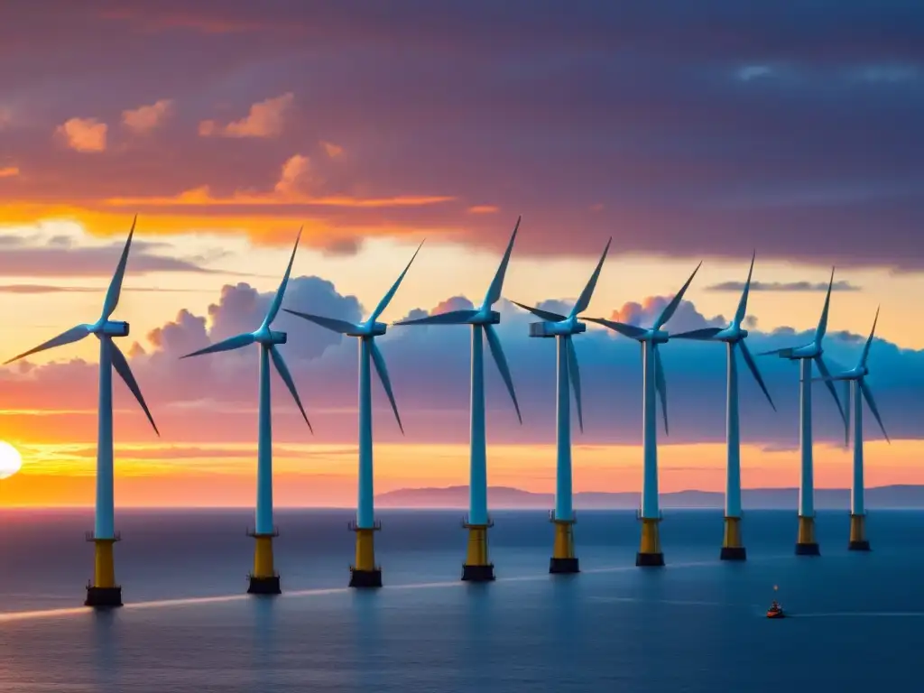 Una impresionante granja eólica marina al atardecer, reflejada en el mar, epitomiza la regulación eólica offshore sostenible