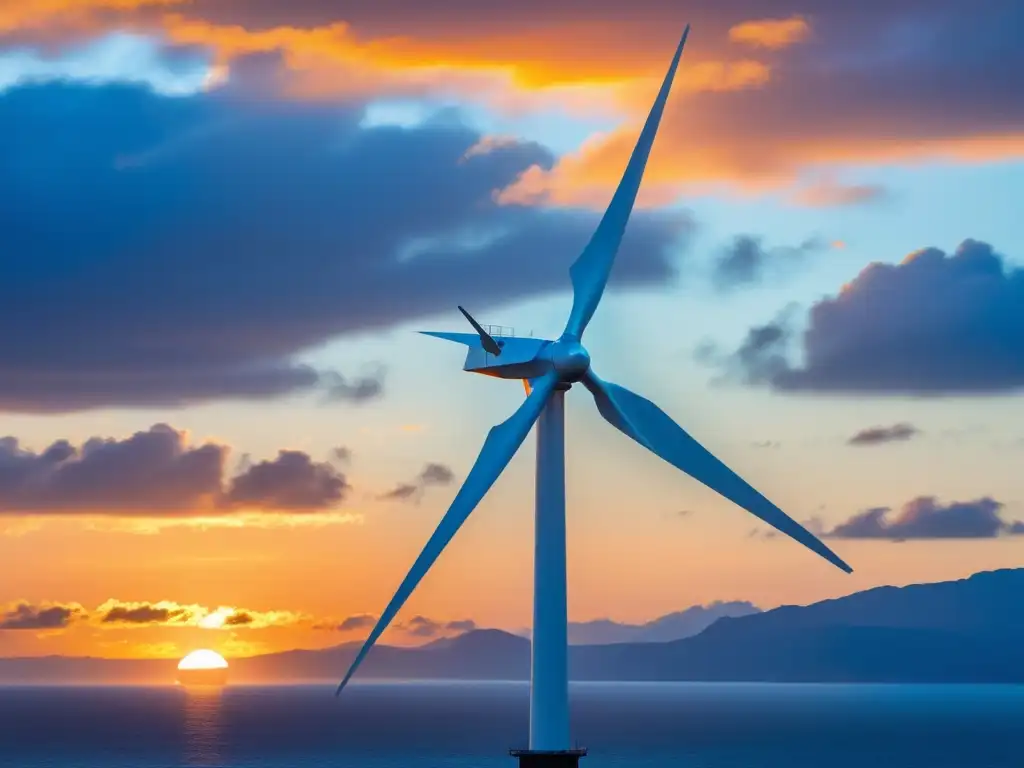 Una impresionante imagen del atardecer sobre el océano, con un aerogenerador futurista destacando