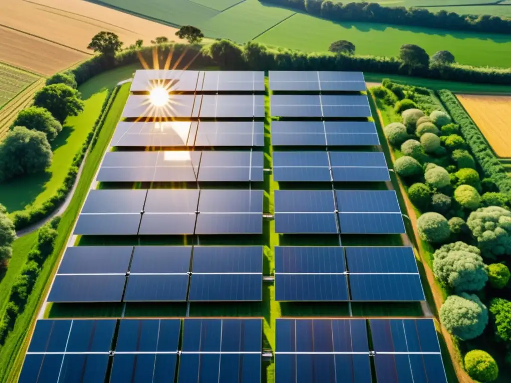 Una impresionante imagen detallada de una granja solar en un campo verde, bañado por la cálida luz dorada del sol