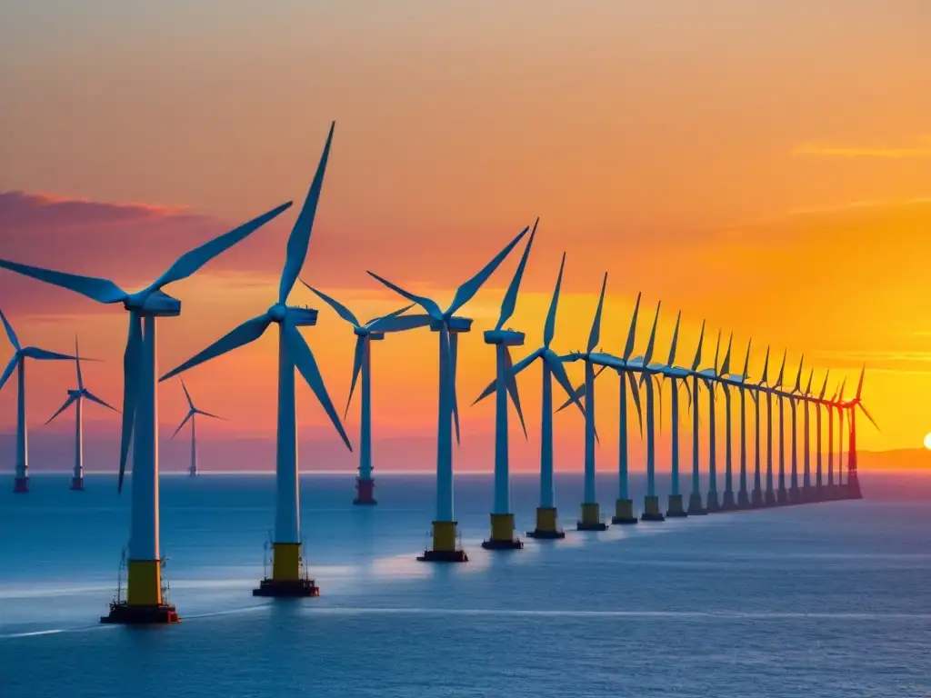 Una impresionante imagen detallada de un parque eólico marino al atardecer, transmitiendo energía renovable y avance tecnológico