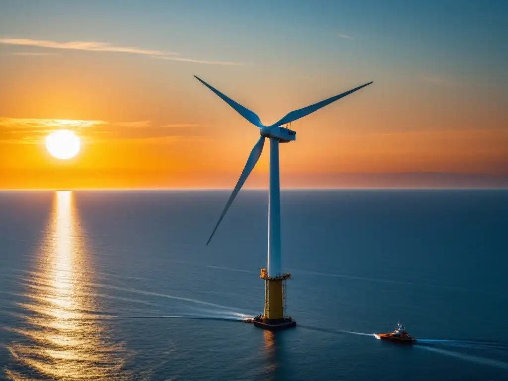 Una impresionante imagen en 8k de una elegante turbina eólica offshore sobre el océano al atardecer, capturando la energía del viento