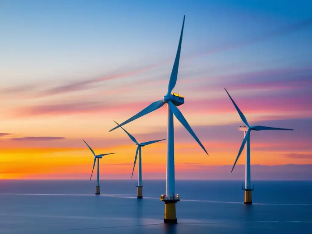 Una impresionante imagen de alta resolución de una elegante turbina eólica marina contra un vibrante atardecer