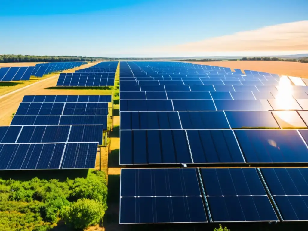 Una impresionante imagen de una instalación solar comunitaria con paneles solares bajo un cielo azul claro