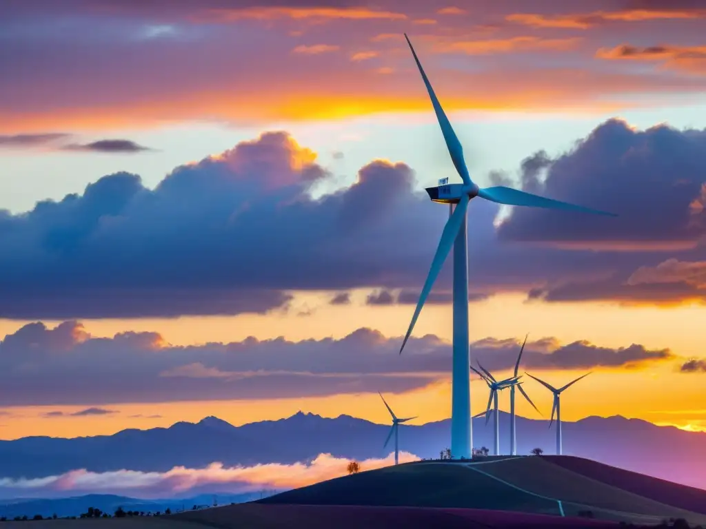 Una impresionante imagen de una moderna y elegante turbina eólica destacando contra un vibrante atardecer