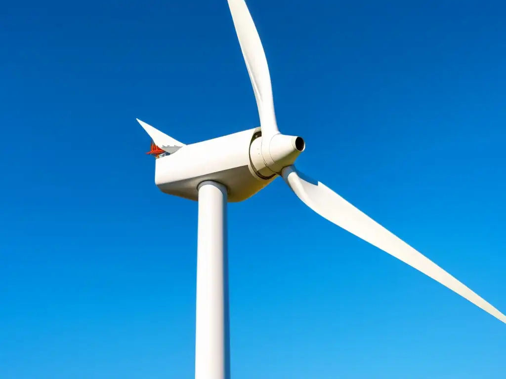 Una impresionante imagen de una moderna y elegante turbina eólica en un cielo azul claro, evocando eficiencia y sostenibilidad