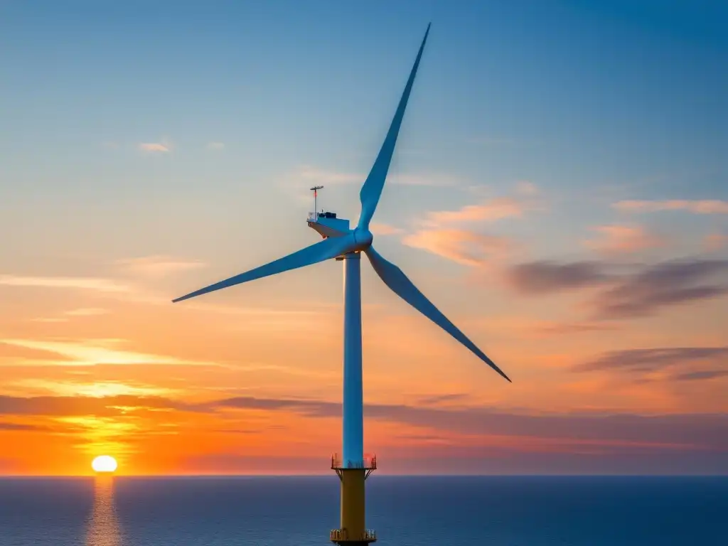 Una impresionante imagen de una moderna turbina eólica marina en un atardecer sobre el océano, capturando la tranquilidad y poder de la energía eólica