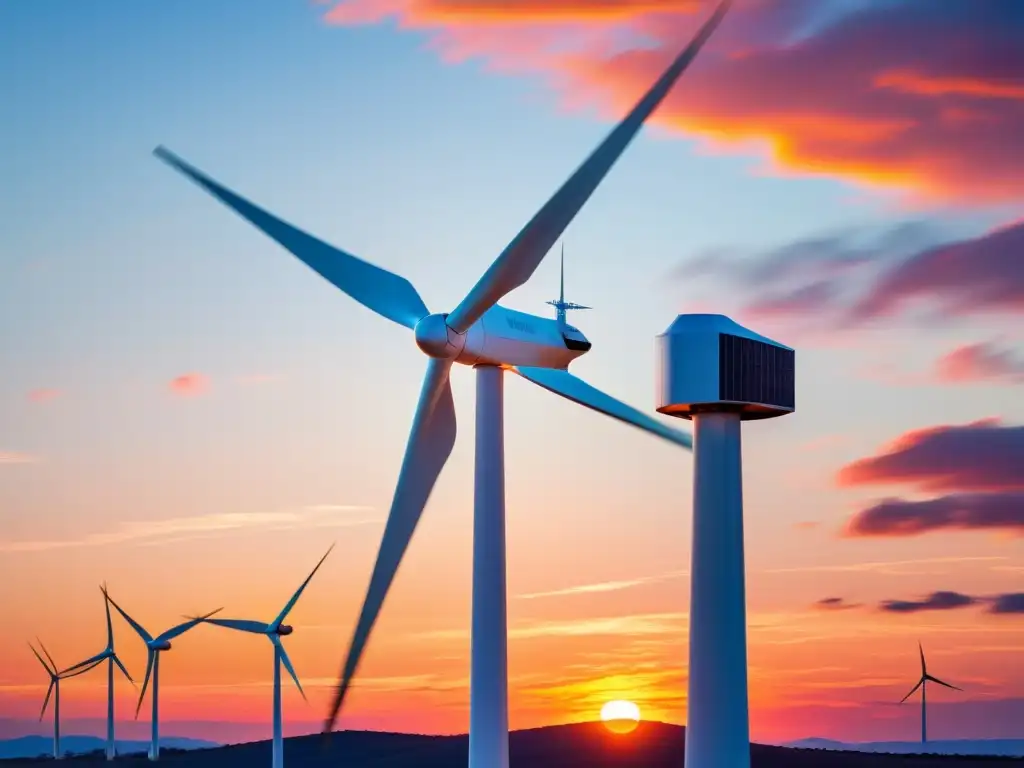 Una impresionante imagen de una moderna turbina eólica en un atardecer radiante, evocando progreso y sostenibilidad