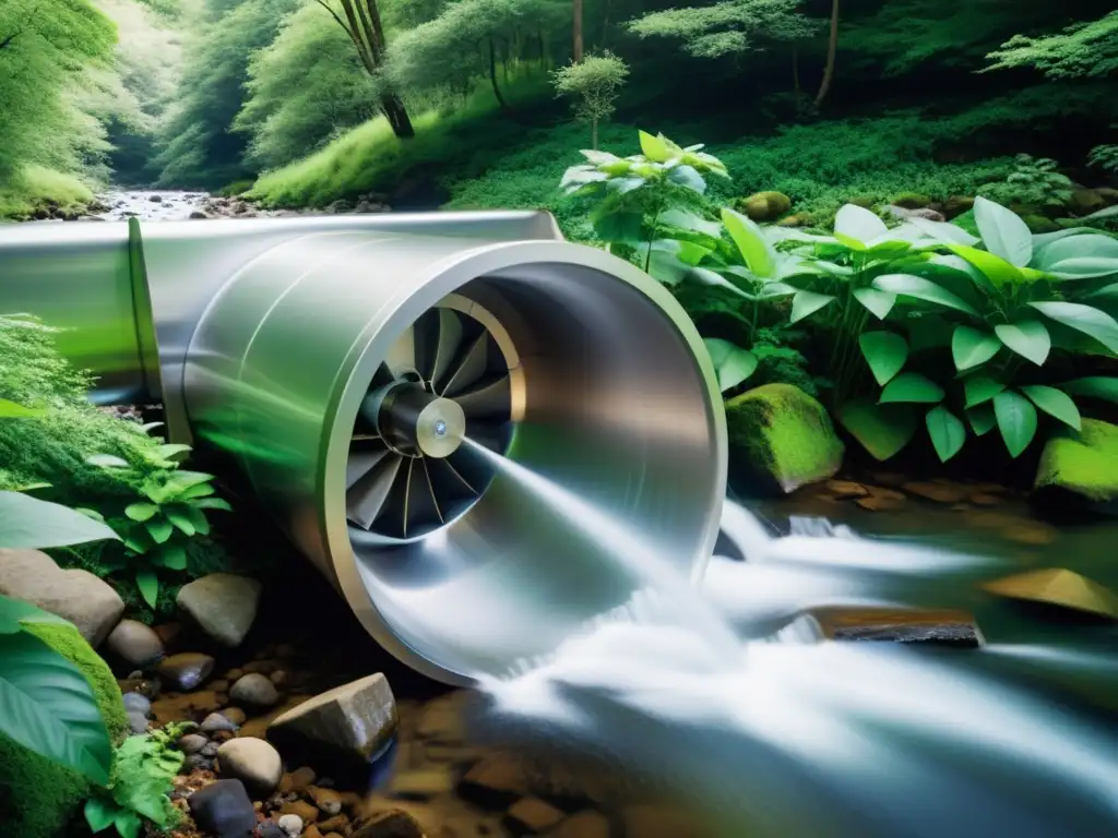 Una impresionante imagen de una moderna turbina de agua en un arroyo tranquilo, simbolizando la energía hidroeléctrica para hogares sostenibles