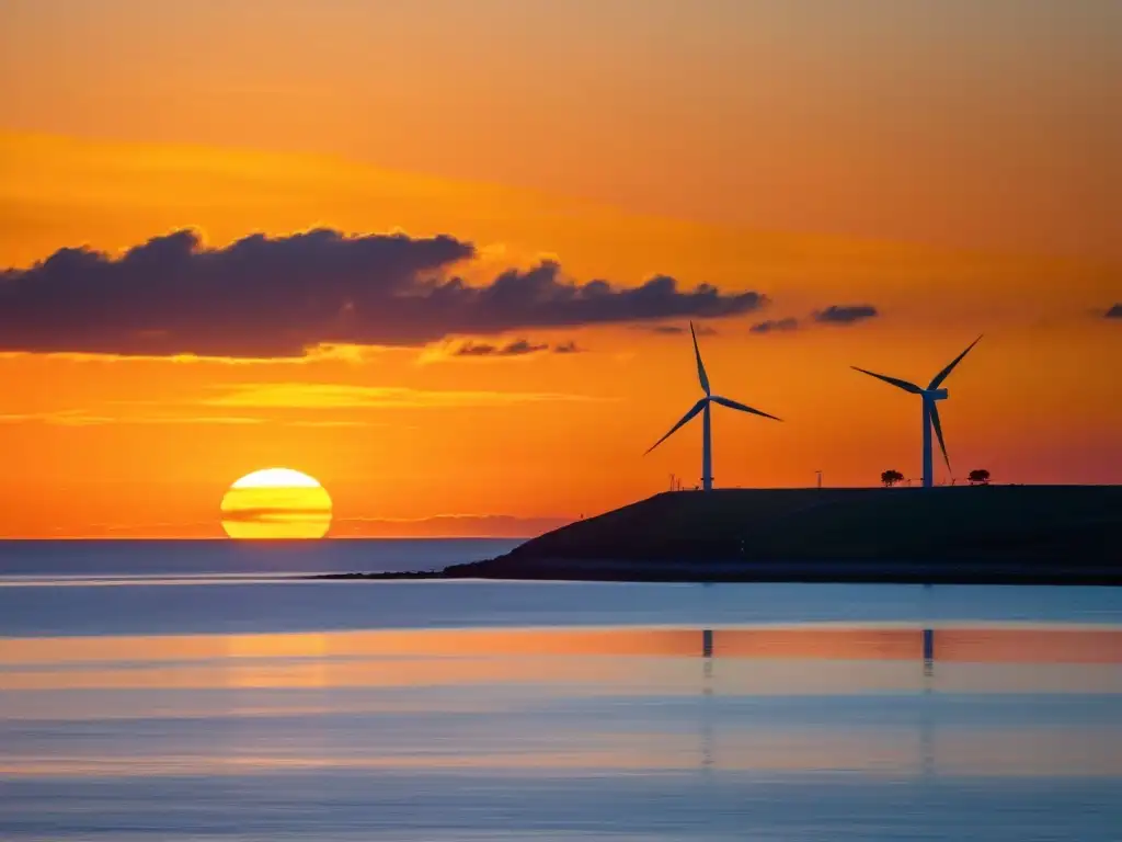 Una impresionante imagen de una turbina eólica marina en un atardecer vibrante sobre el mar tranquilo