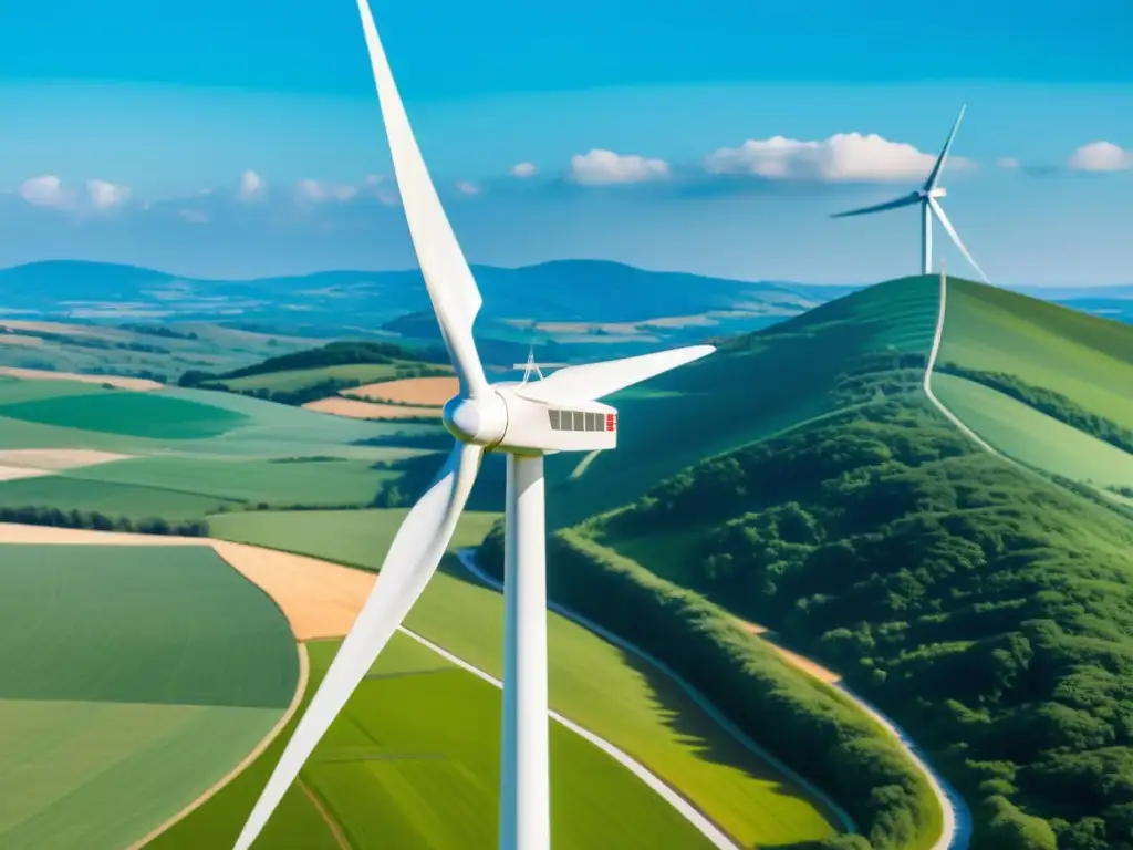 Una impresionante imagen en 8k ultra detallada de un aerogenerador moderno y elegante destacándose contra un cielo azul claro