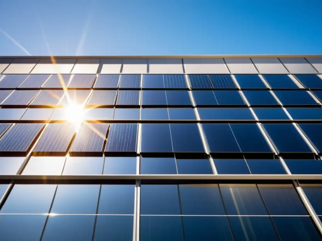 Una impresionante integración de paneles solares en edificio moderno, combinando paneles fotovoltaicos y almacenamiento térmico