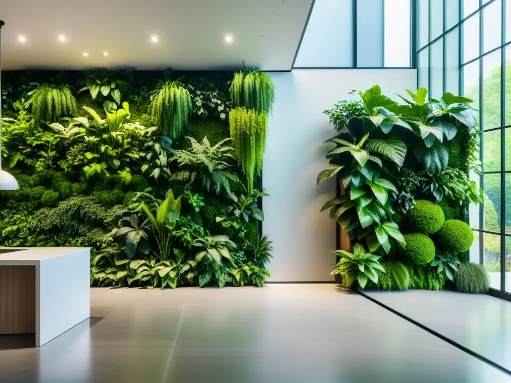 Un impresionante interior con paredes verdes interiores: beneficios y consejos, resaltando la belleza natural y la arquitectura minimalista