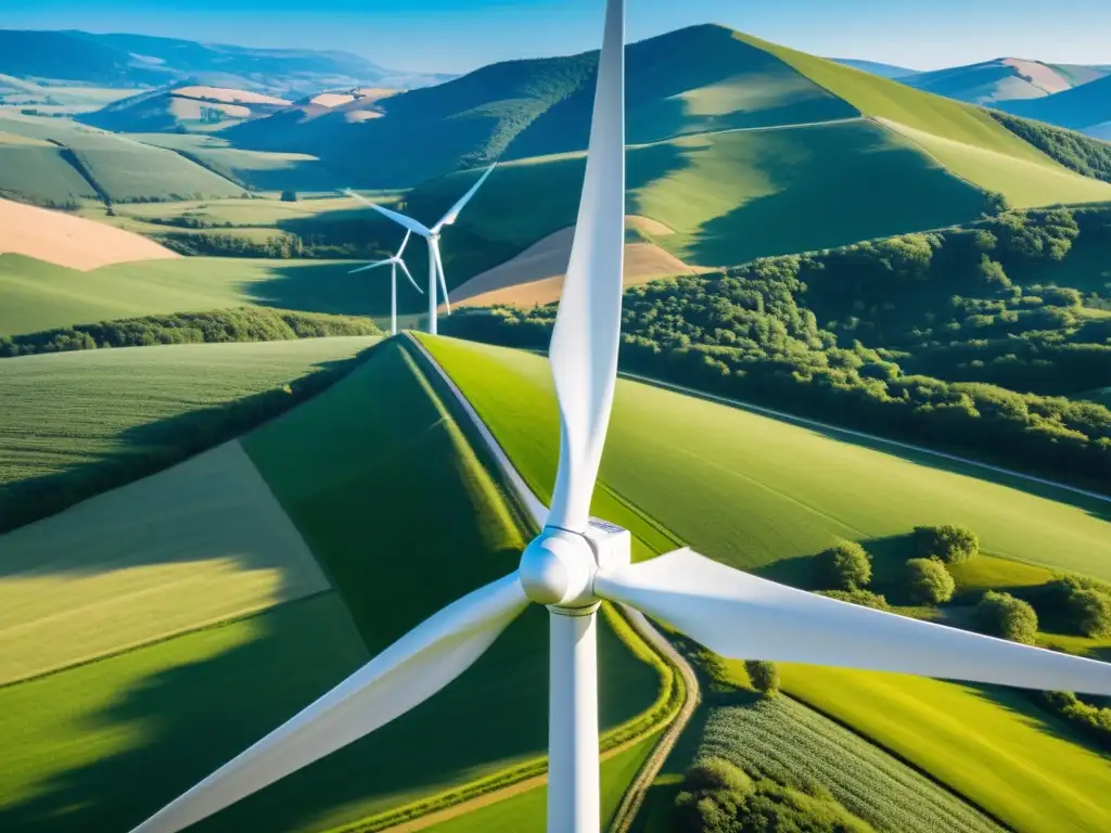 Una impresionante fotografía de un moderno parque eólico en armonía con la naturaleza y el cielo azul