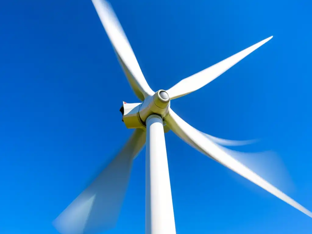 Un impresionante molino de viento moderno en movimiento contra un cielo azul claro