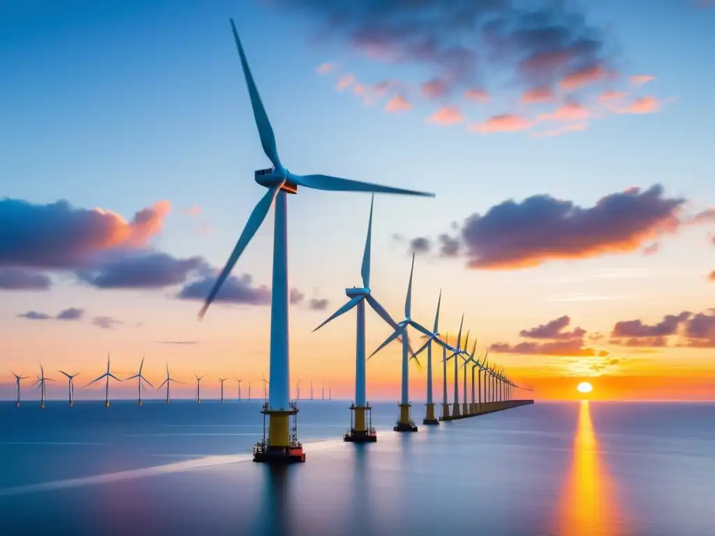 Un impresionante parque eólico marino al atardecer, reflejando la gestión de riesgos en proyectos eólicos