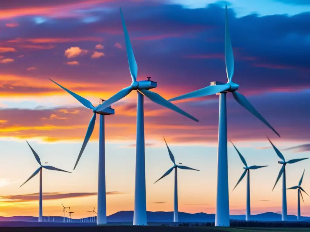 Un impresionante parque eólico moderno en contraste con un atardecer vibrante, muestra el impacto financiero y político de las energías renovables