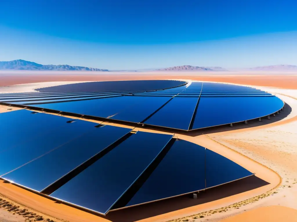 Una impresionante planta de energía solar térmica se extiende en el desierto, con espejos parabólicos reflejando la luz en una torre central