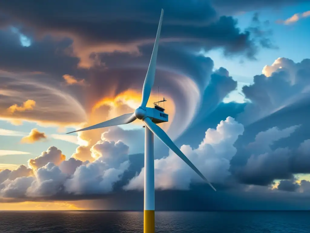 Una impresionante vista de un aerogenerador marino destacando su resistencia ante el cambio climático