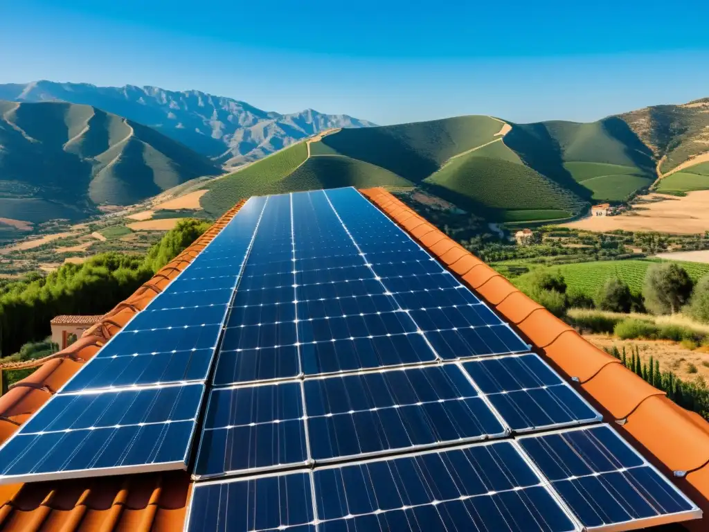 Una impresionante vista de cerca de un elegante y moderno array de paneles solares en el techo de una casa española