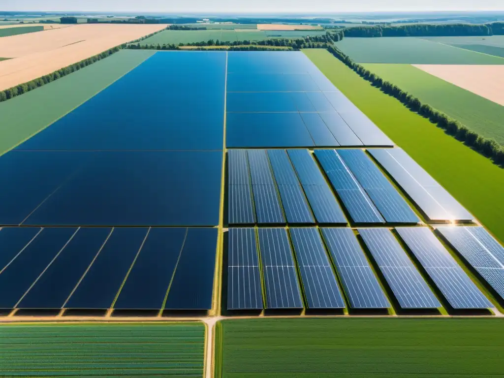 Una impresionante vista de un extenso campo de paneles solares en Alemania, integrados armoniosamente en el paisaje