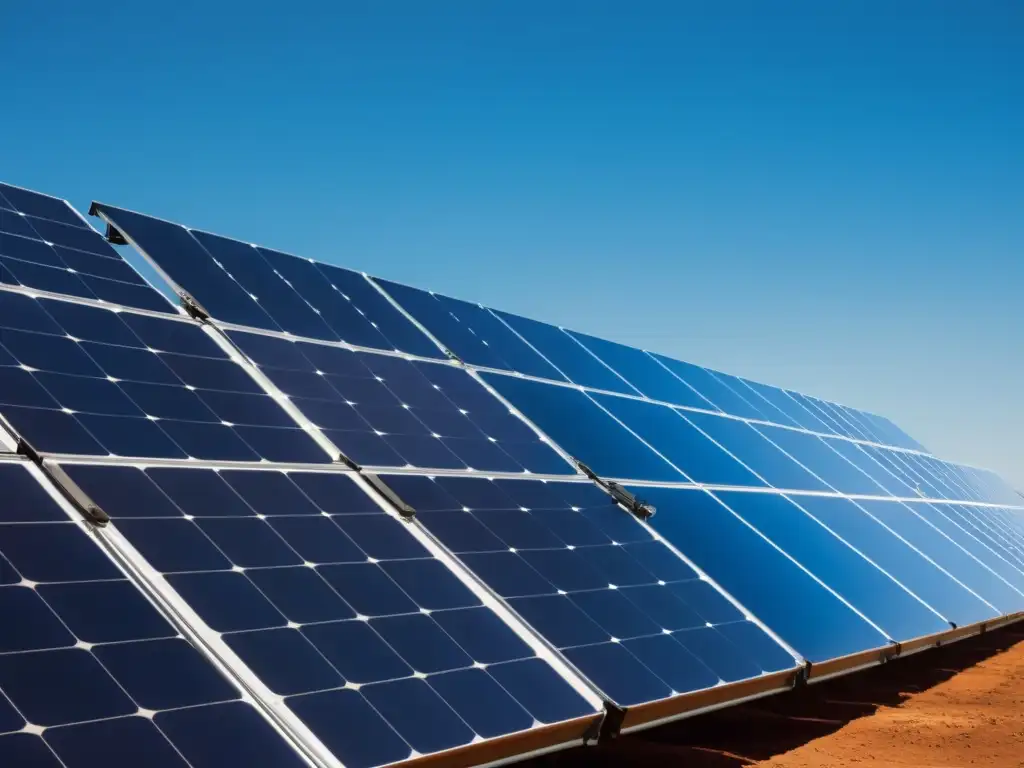 Una impresionante vista de cerca de un moderno panel solar en un cielo azul despejado, capturando la eficiencia de la energía solar